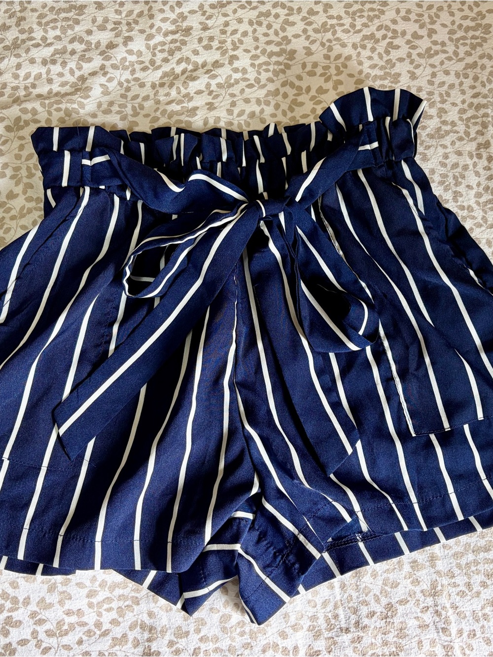 Striped Navy Paperbag Waist Women's Shorts